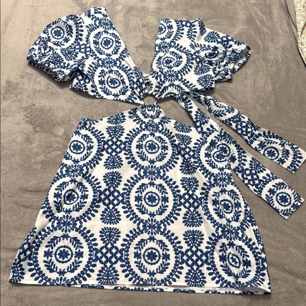 SHEIN White and Blue Mini Dress